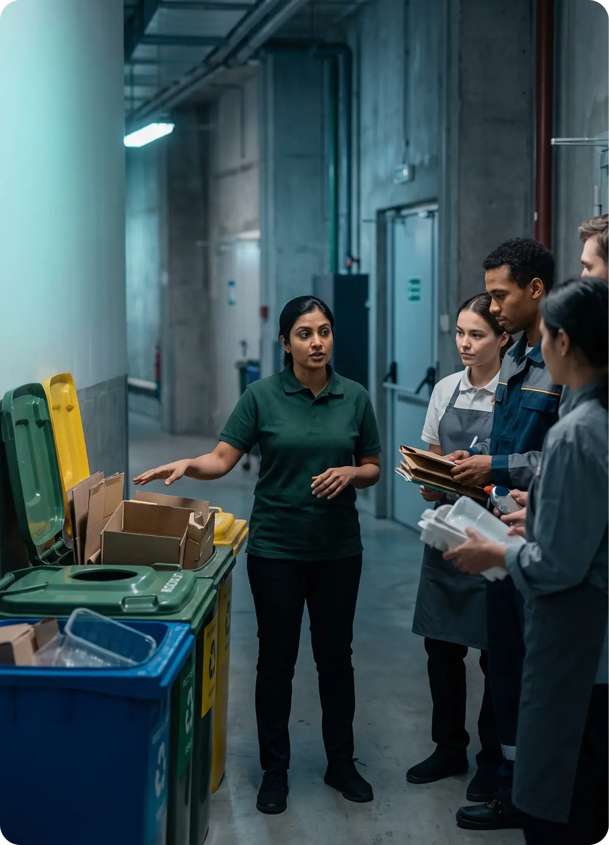 Staff training tenants to separate waste at the bins