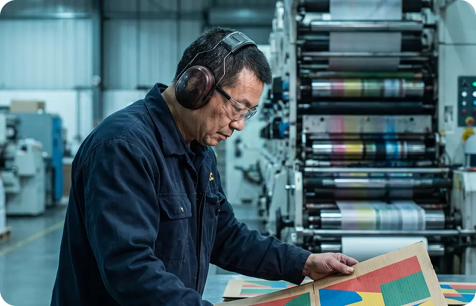 Checking a printed carton beside a flexographic press