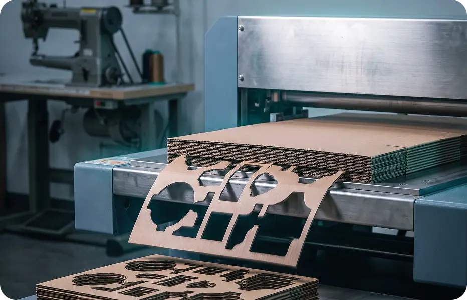 Die-cut carton blanks leaving the cutting line