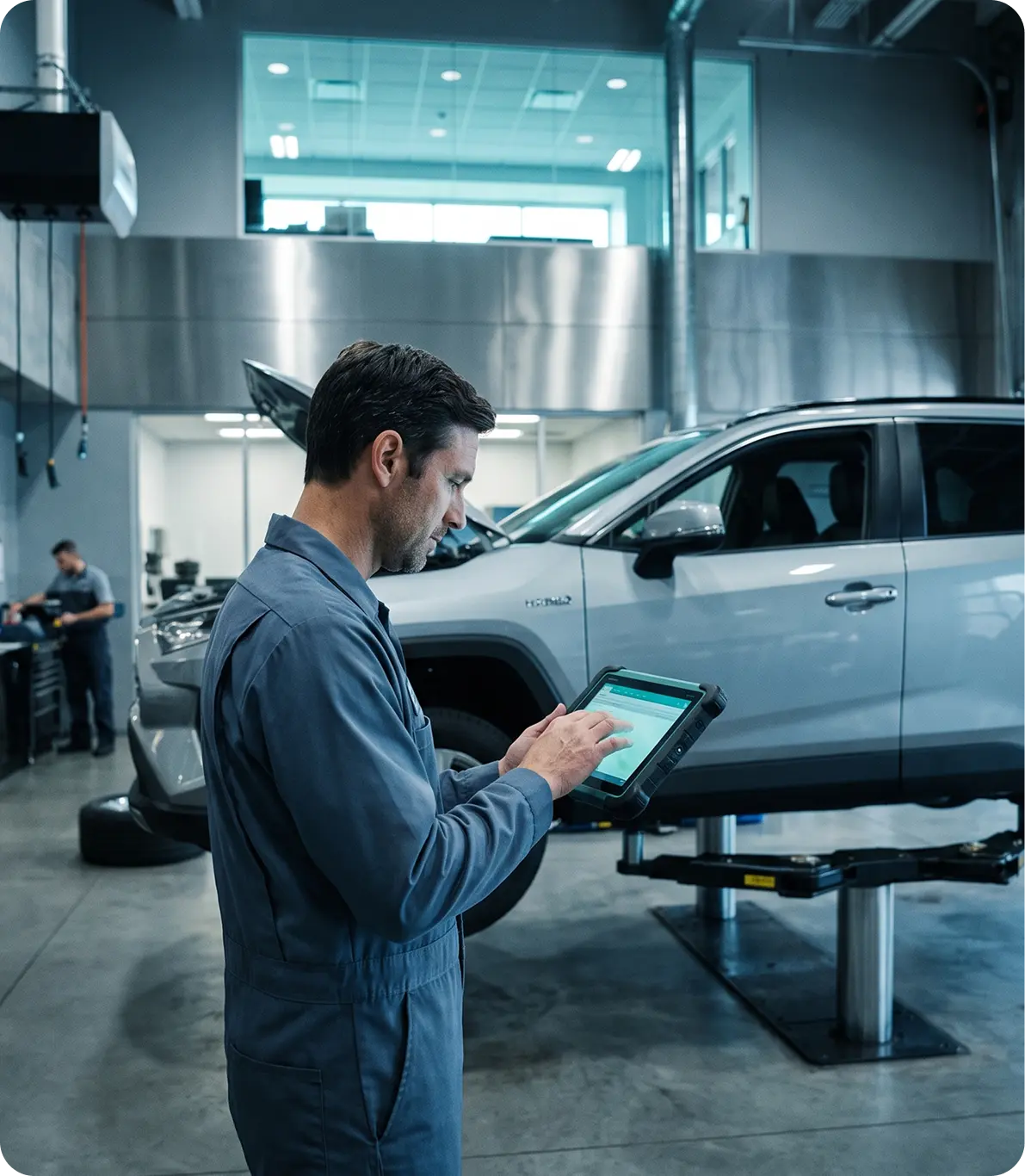 Technician servicing a vehicle