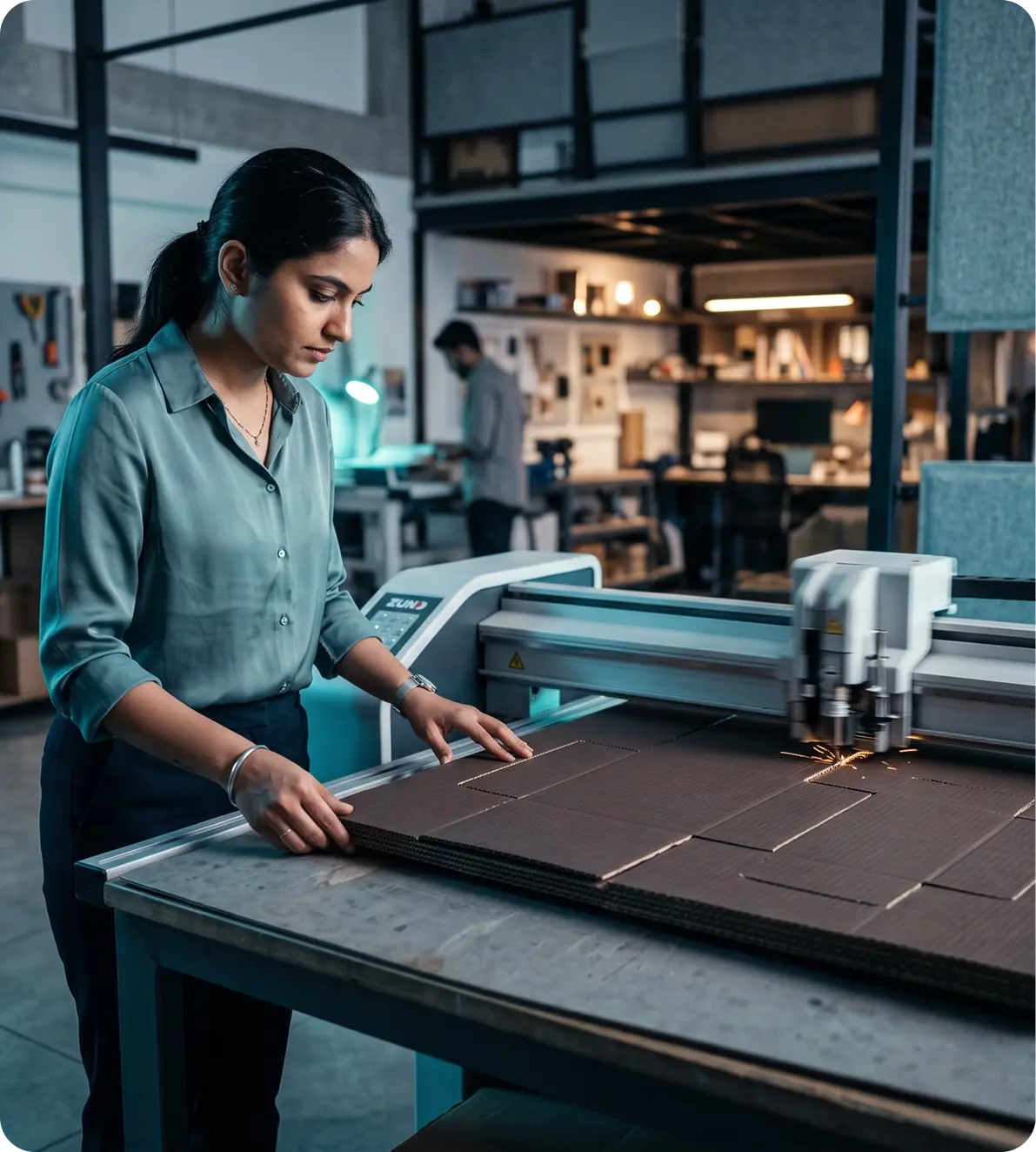 Packaging designer checking a board sample on a cutting table
