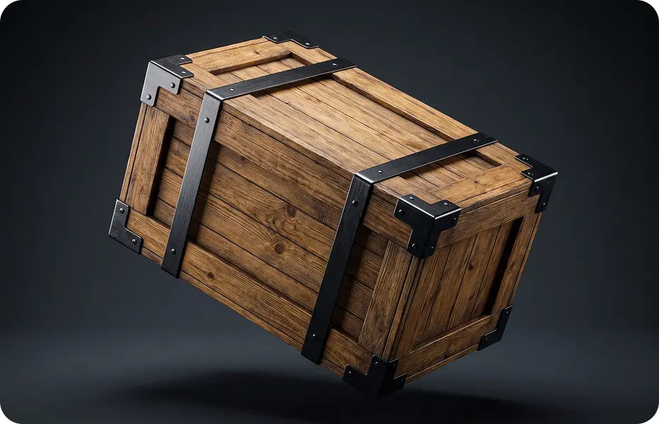 Seaworthy wooden box with metal strapping