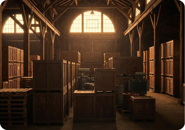 Wooden export crates stored in a warehouse