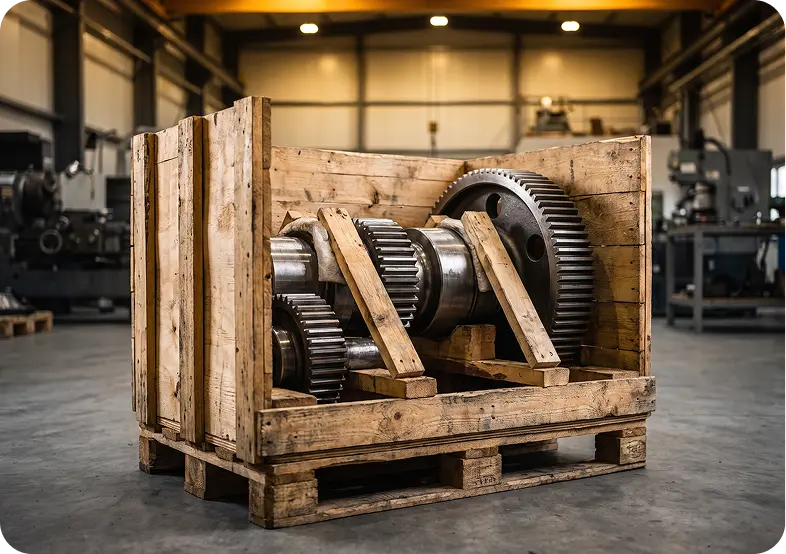 Heavy machinery parts secured in an export crate