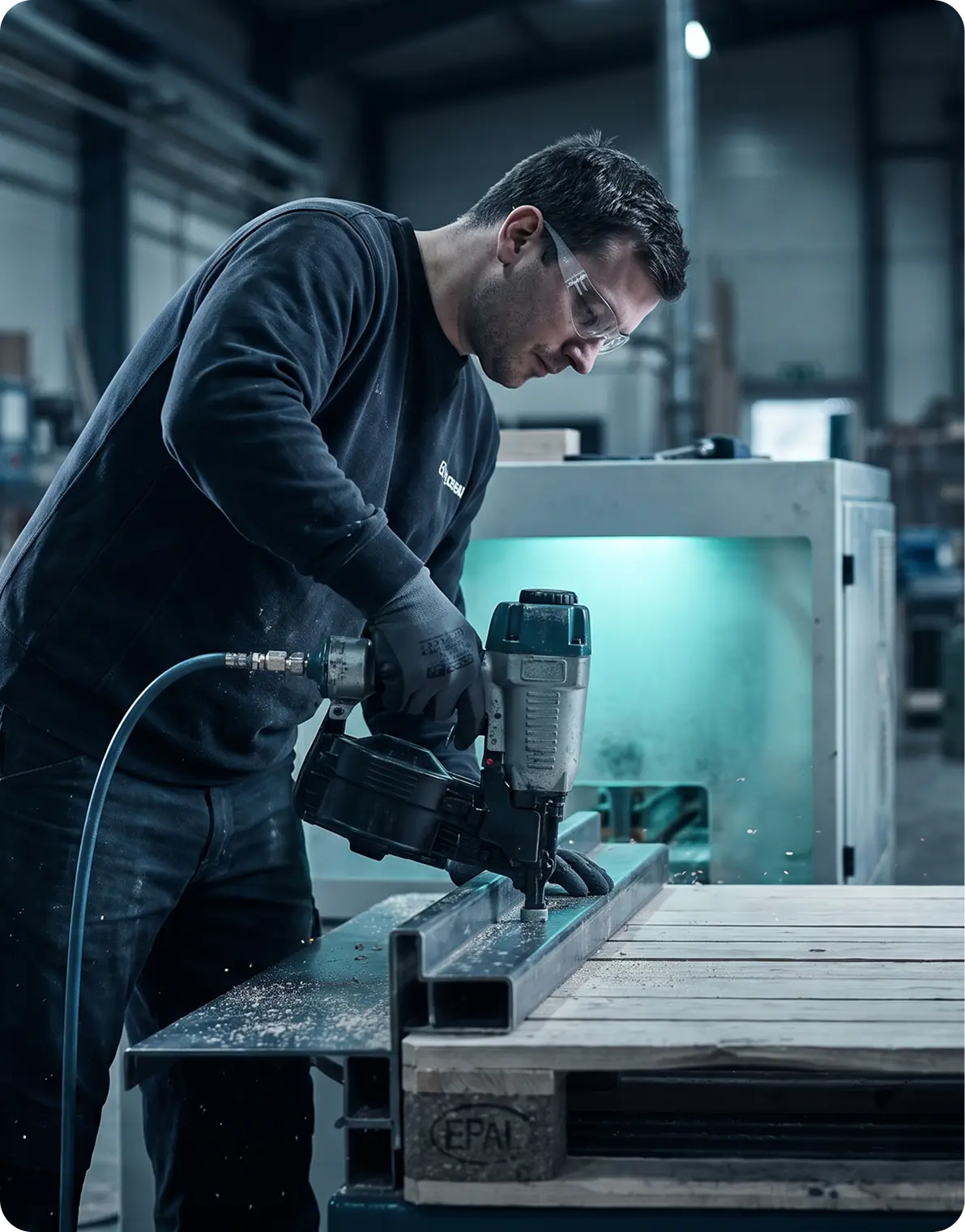 Operator nailing a pallet