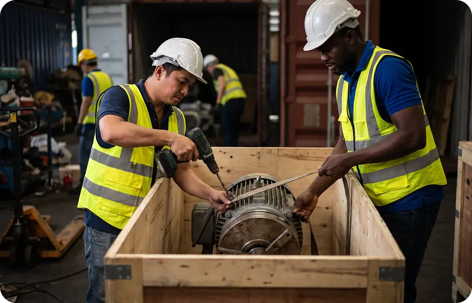 Export packing of machinery inside a wooden crate