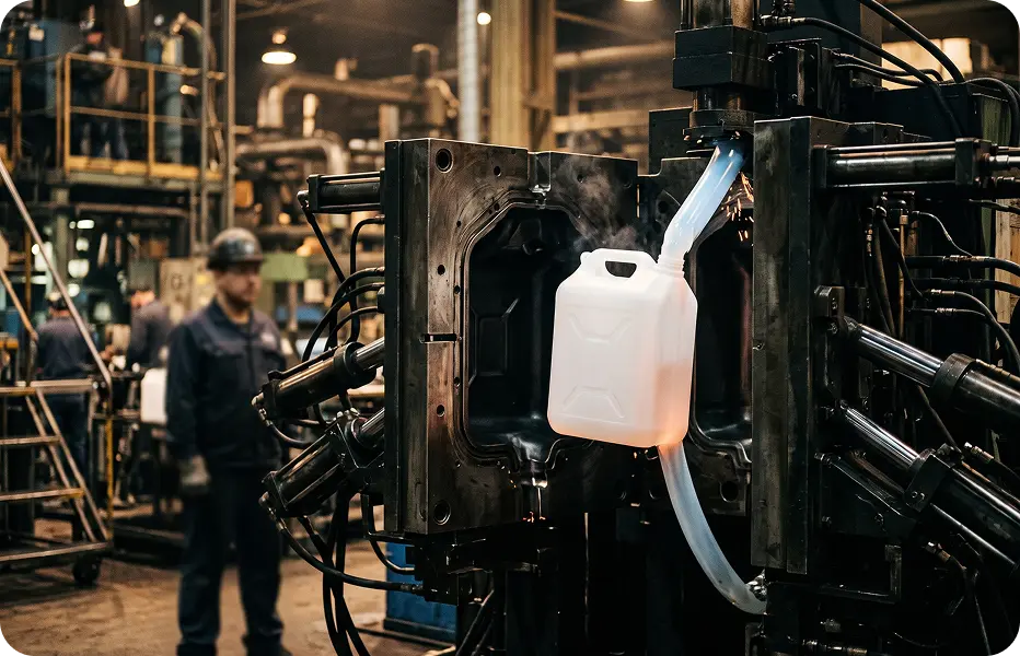Worker beside a blow mould with a white jerry can