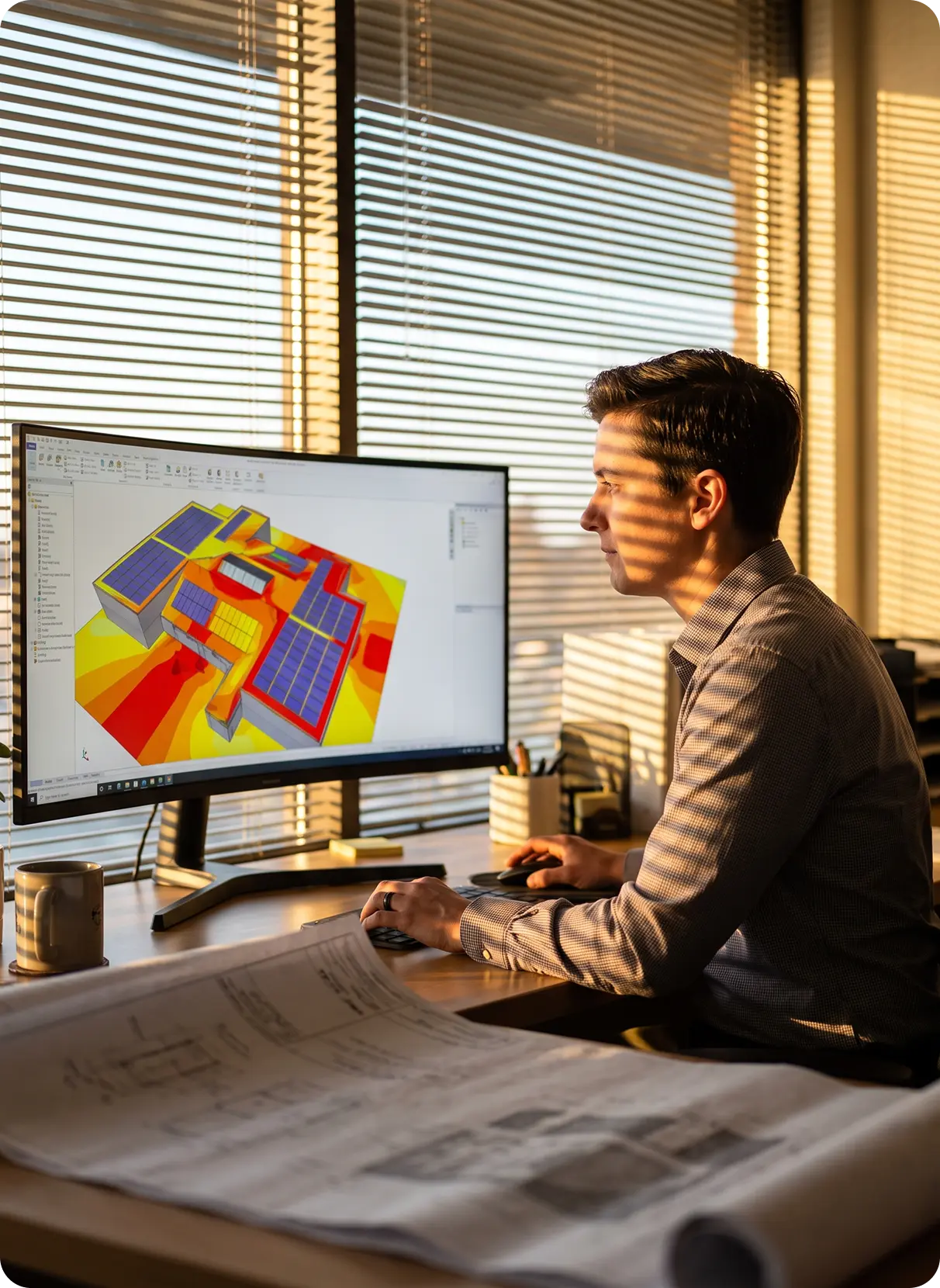 Engineer reviewing a solar layout on screen