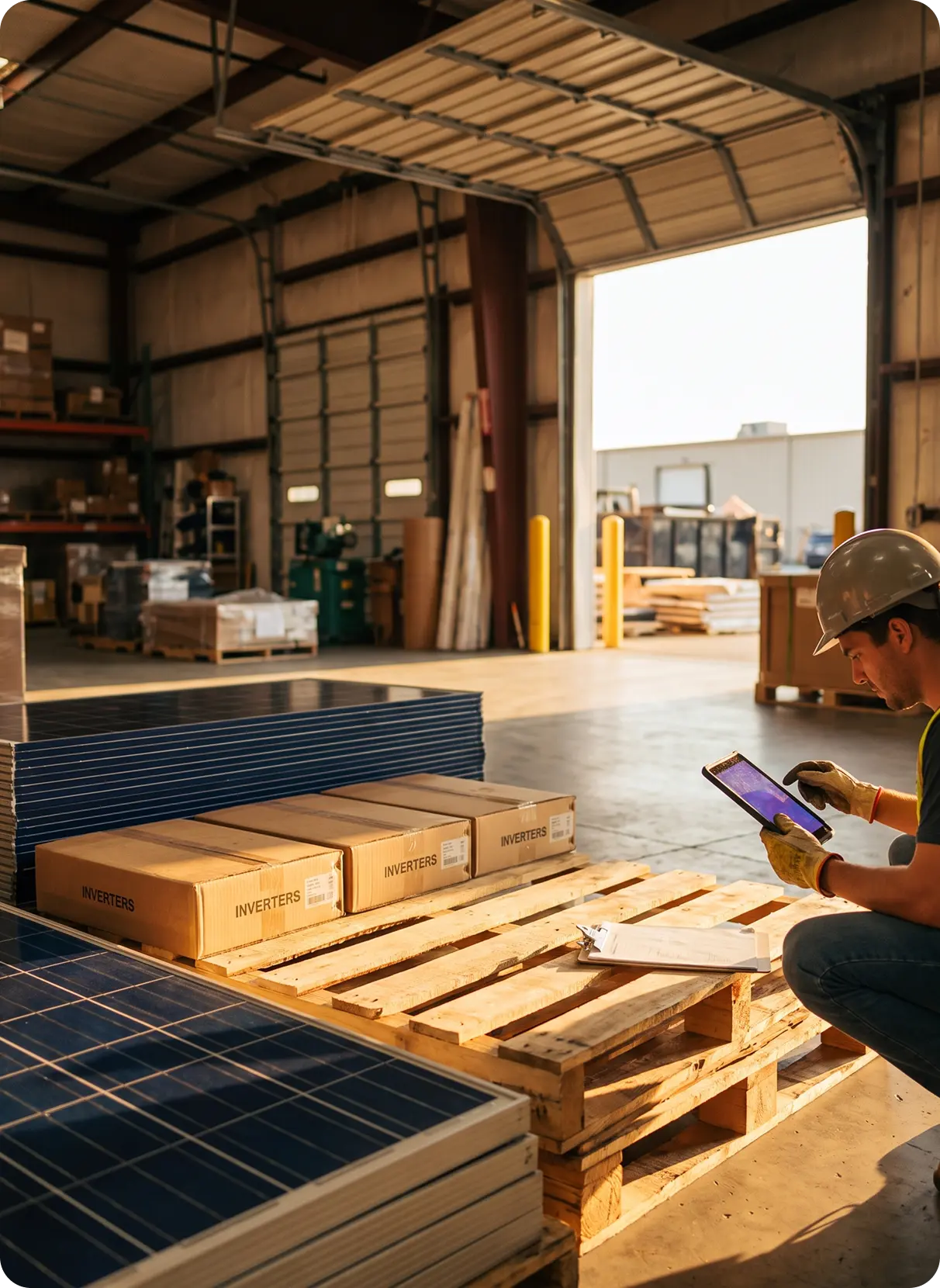 Solar panels staged in a warehouse for procurement