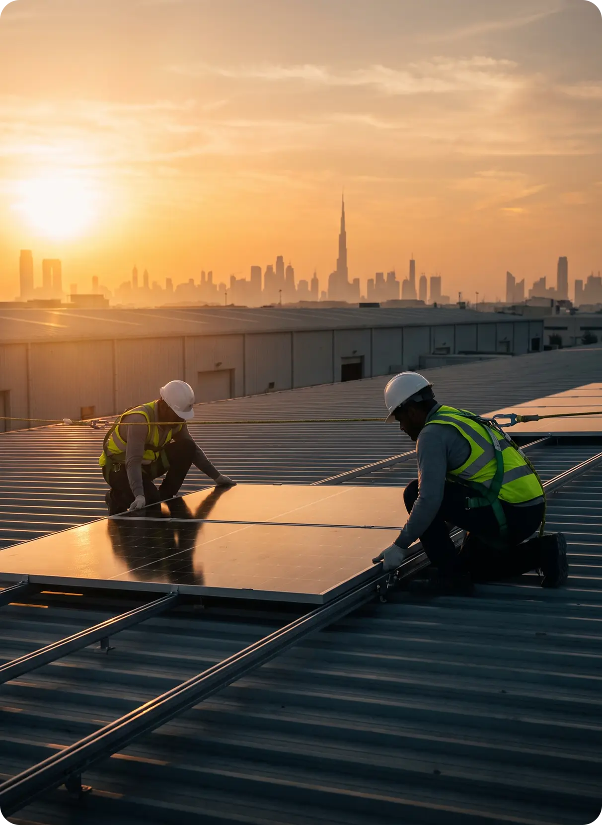 Installers fitting solar panels on a rooftop