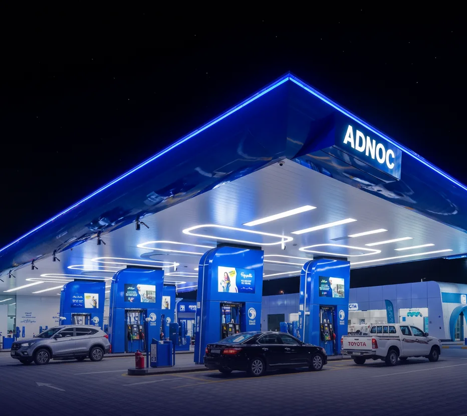 ADNOC fuel station lit in blue at night