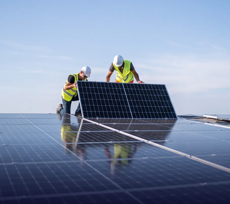 Two installers fitting a solar panel on a rooftop