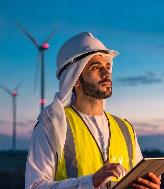 Engineer with a tablet at a wind farm