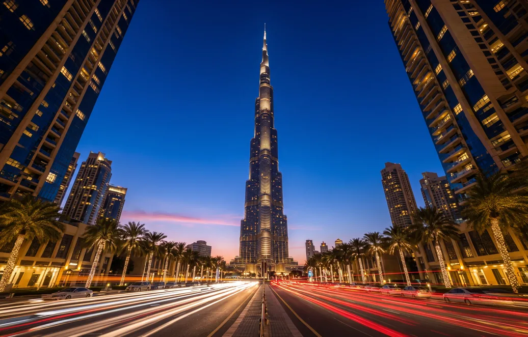 Burj Khalifa at dusk, seen from the boulevard