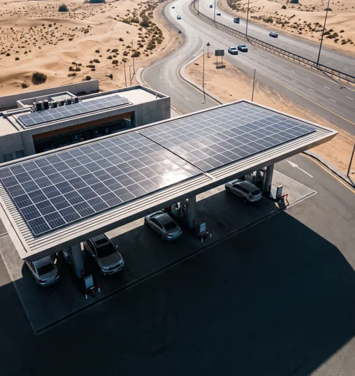Solar canopy over an ADNOC station in the desert