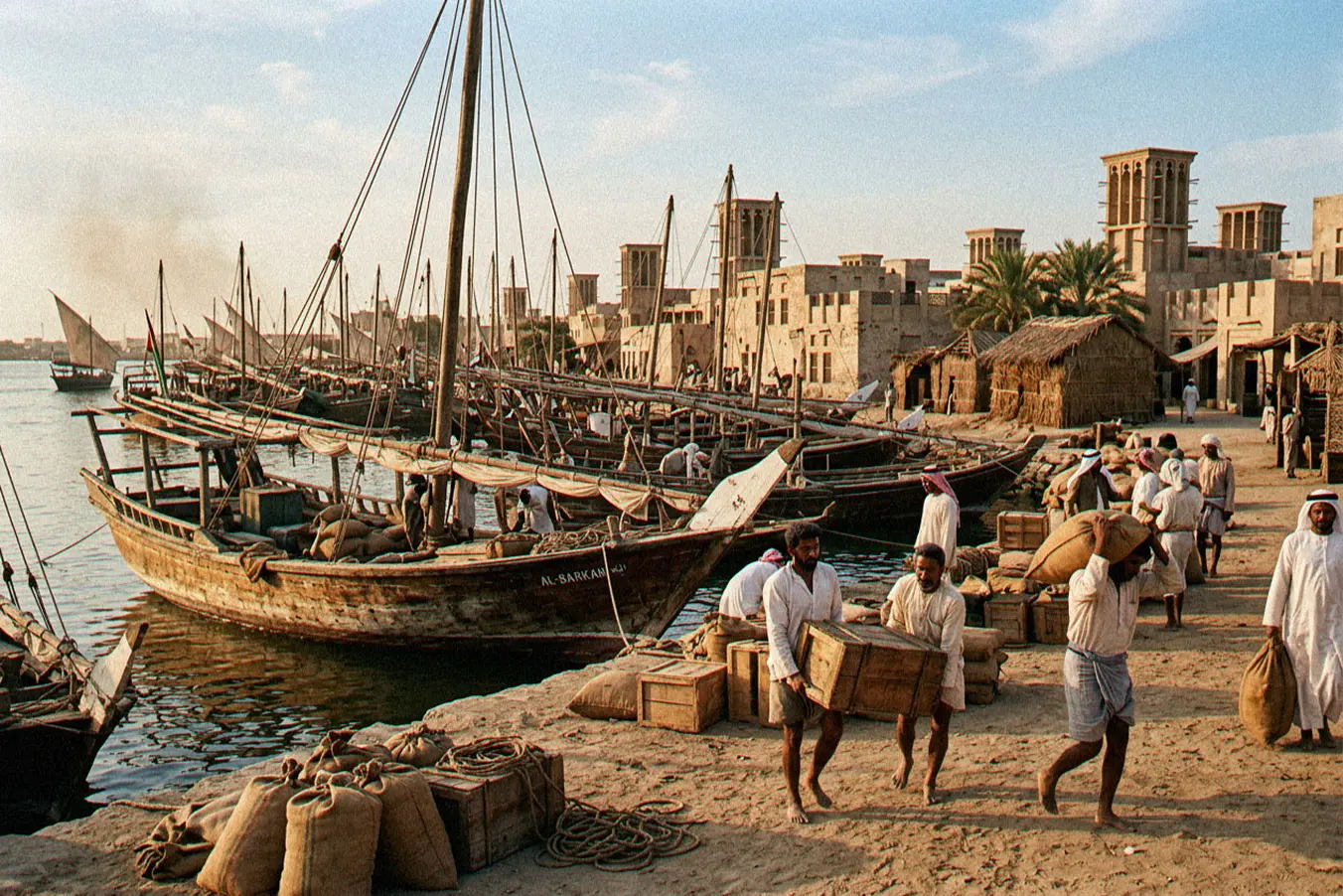 Dubai Creek in the Group's early years, with dhows moored as porters unload cargo