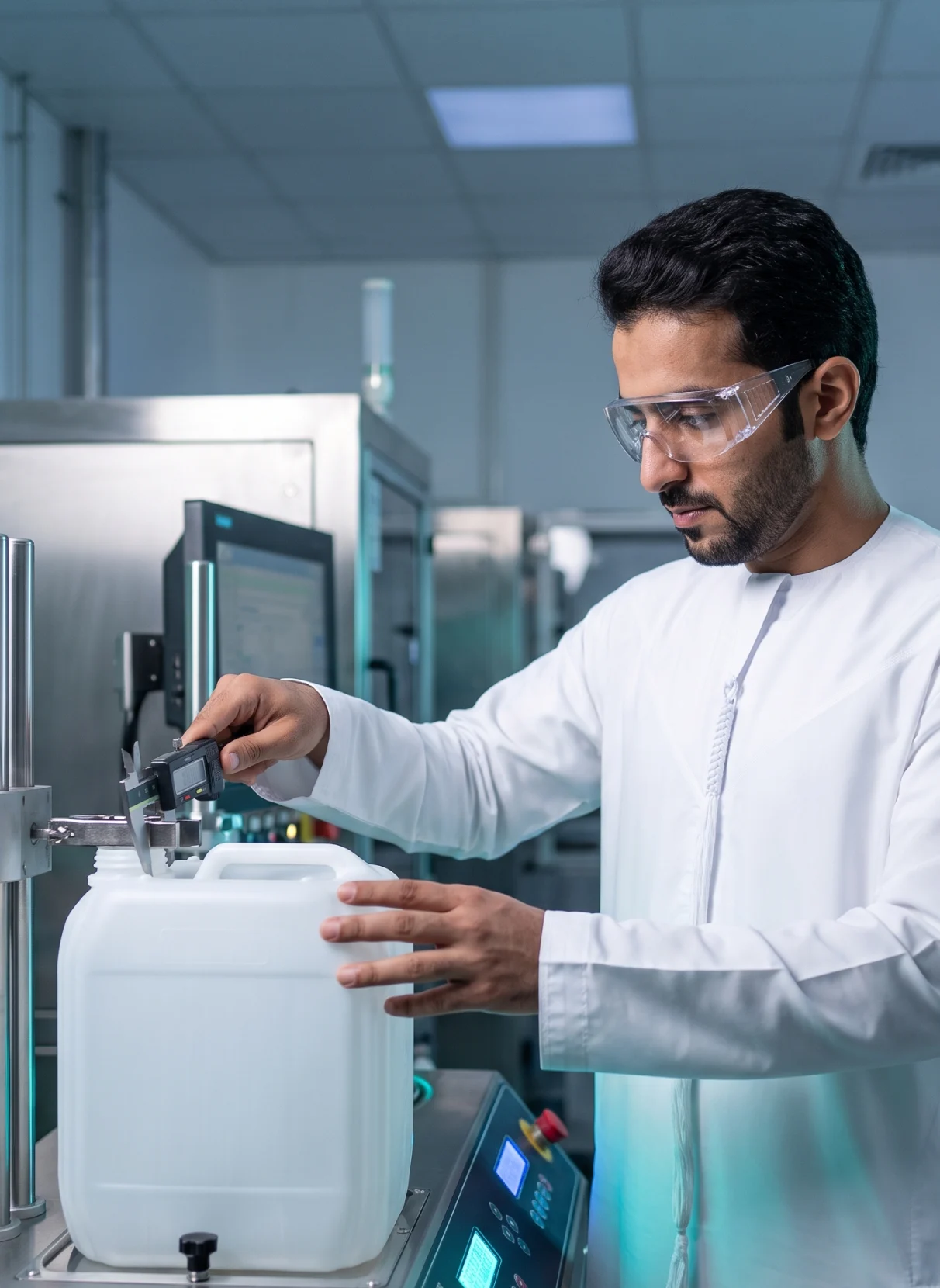 Technician pressure-testing a plastic can for leaks