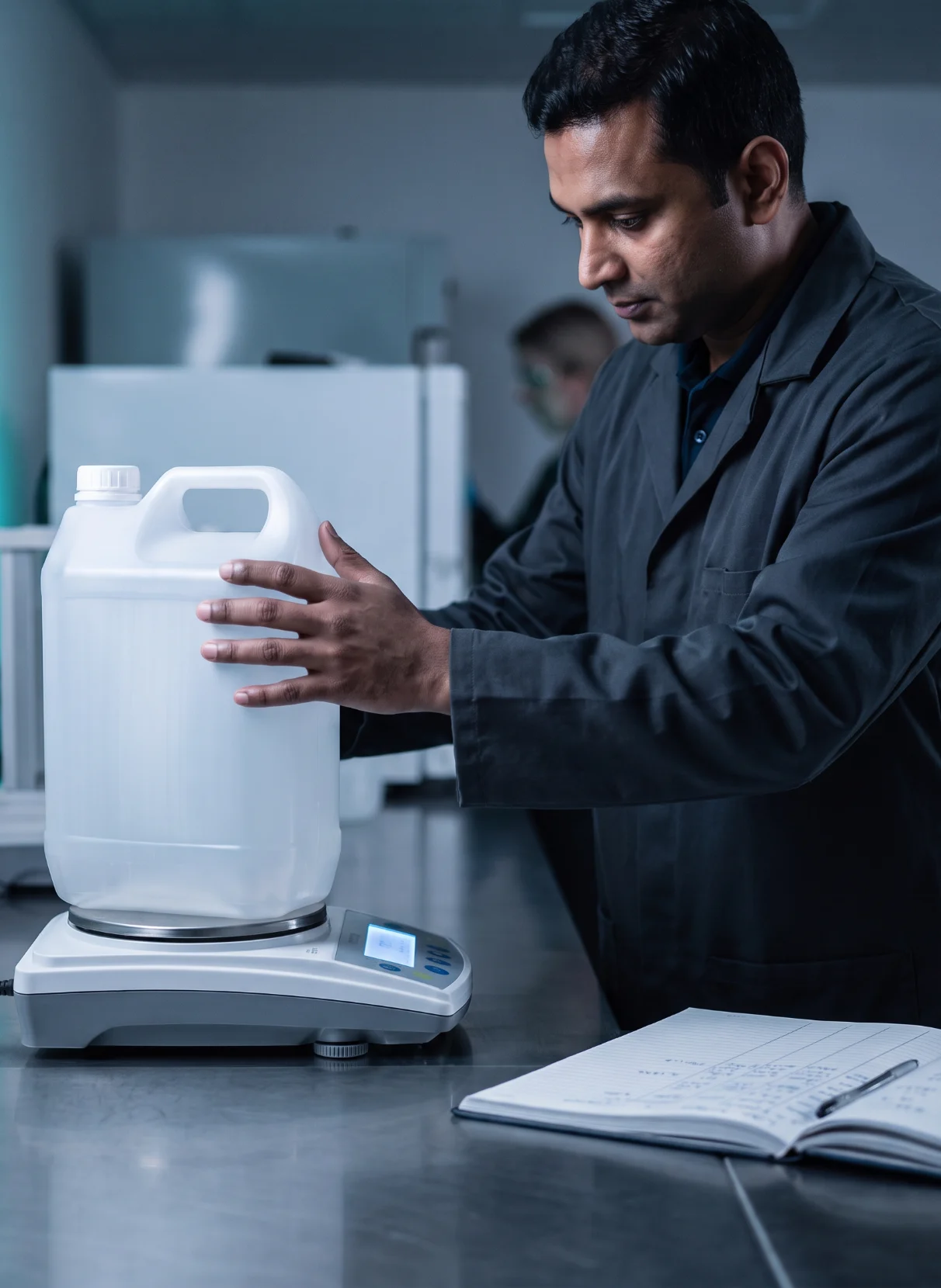 Inspector checking the weight of a plastic jerry can