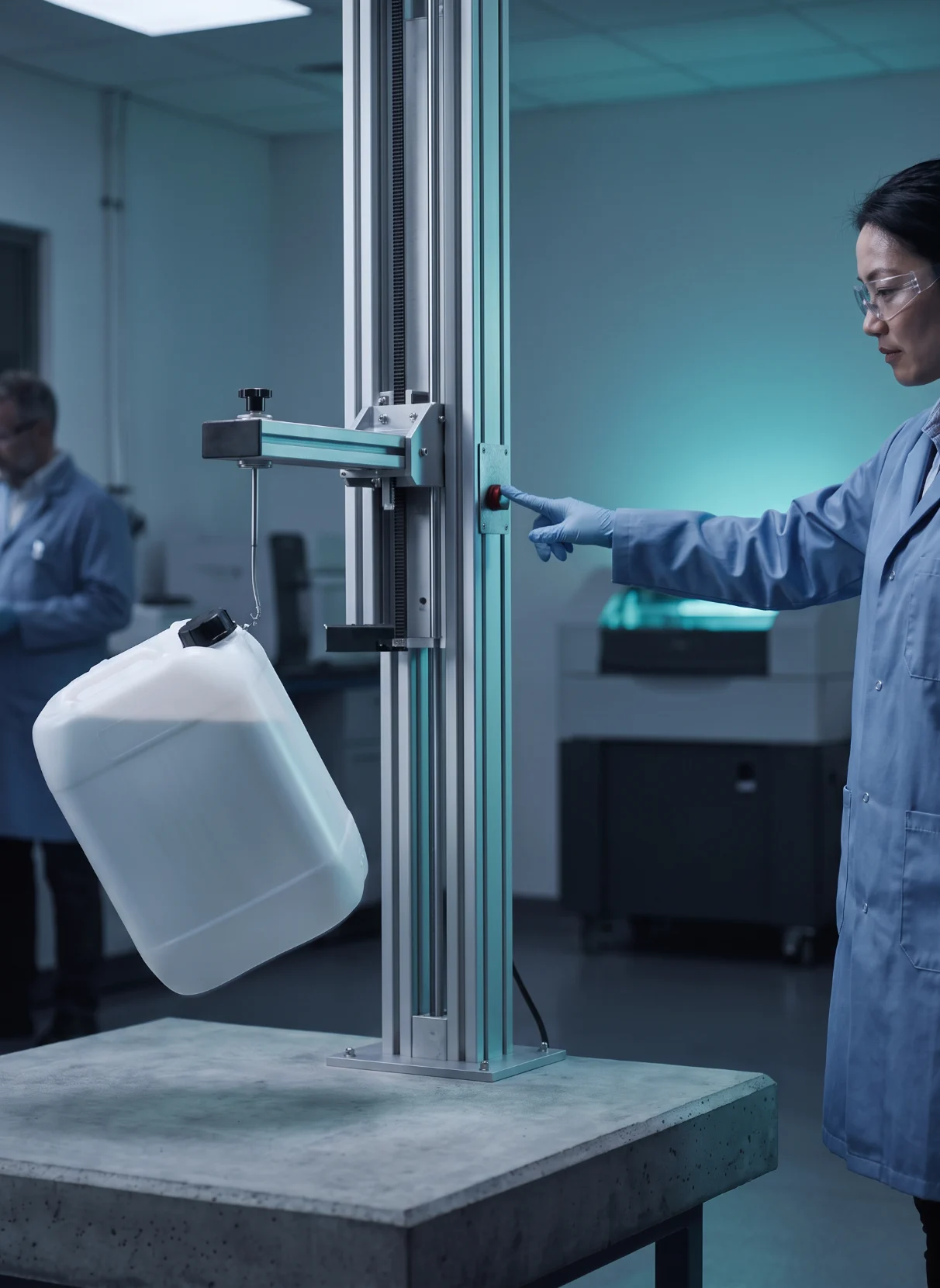 Plastic container in a drop-test rig