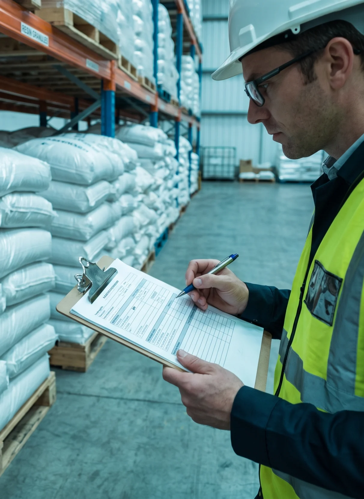 Inspector checking sacks of HDPE raw material in the warehouse
