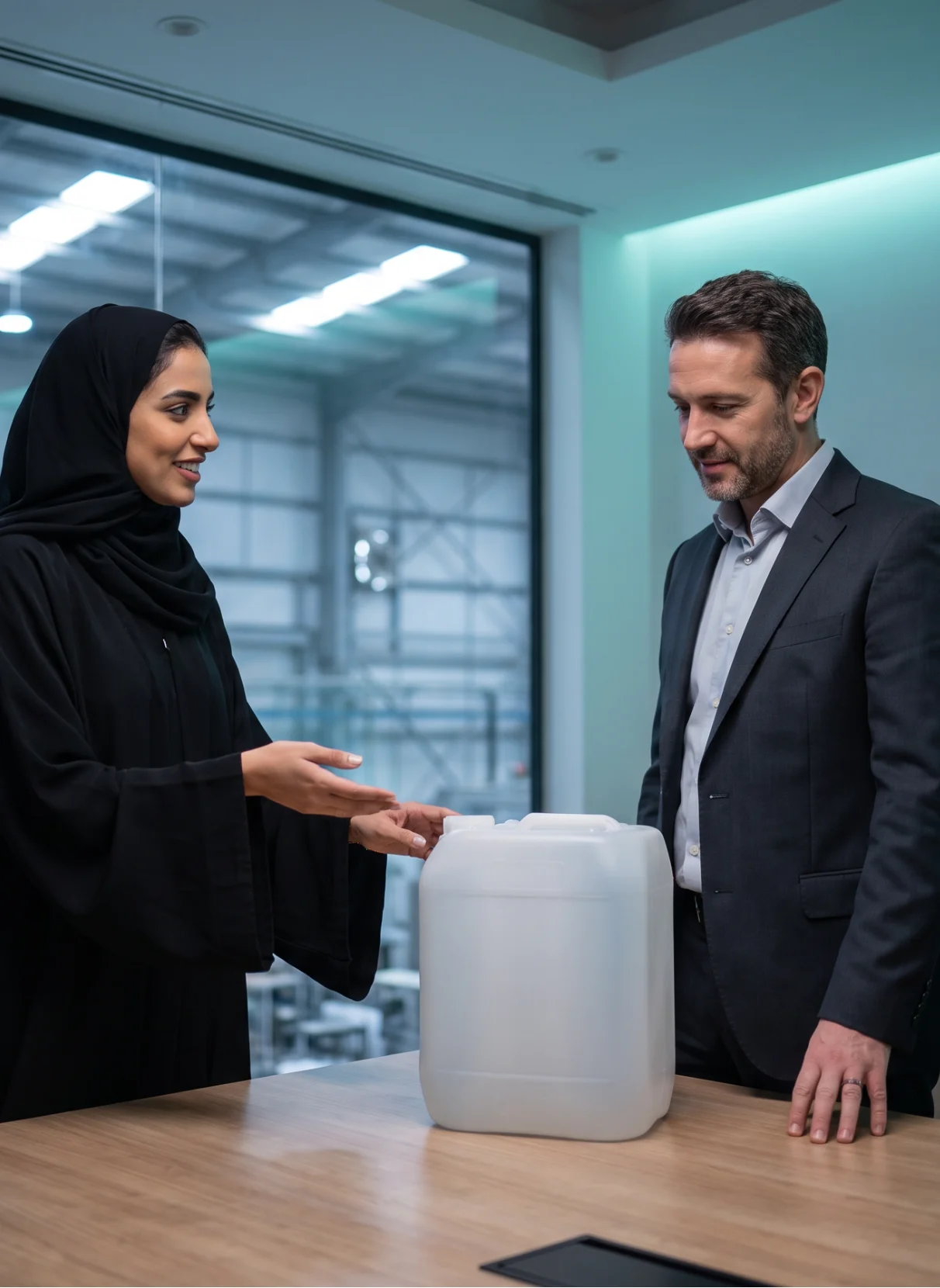 Client reviewing a sample container before production