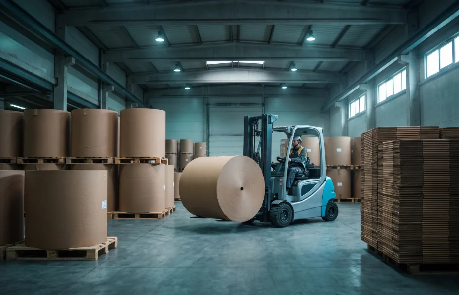 Electric forklift moving a paper reel inside the closed warehouse