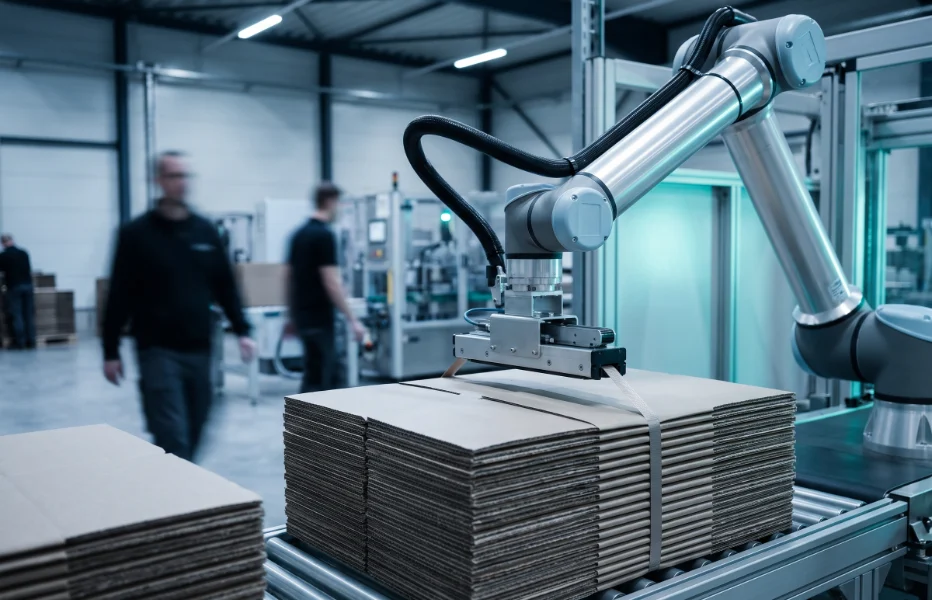 Robotic arm banding a stack of finished cartons
