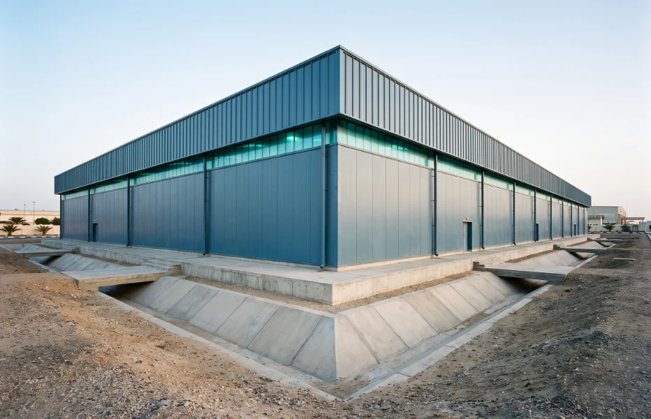 Closed production building raised above a drainage channel