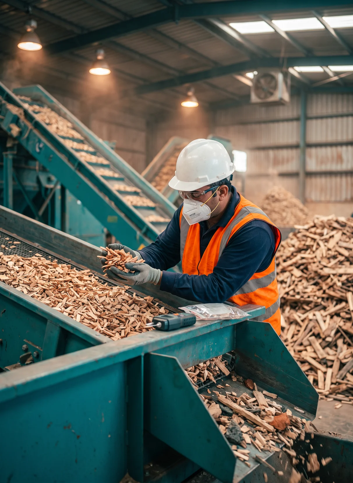 Worker checking recovered wood chips on the conveyor