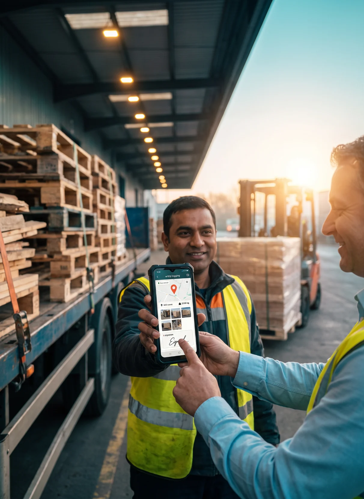 Pallet manufacturer showing an order on his phone in the warehouse