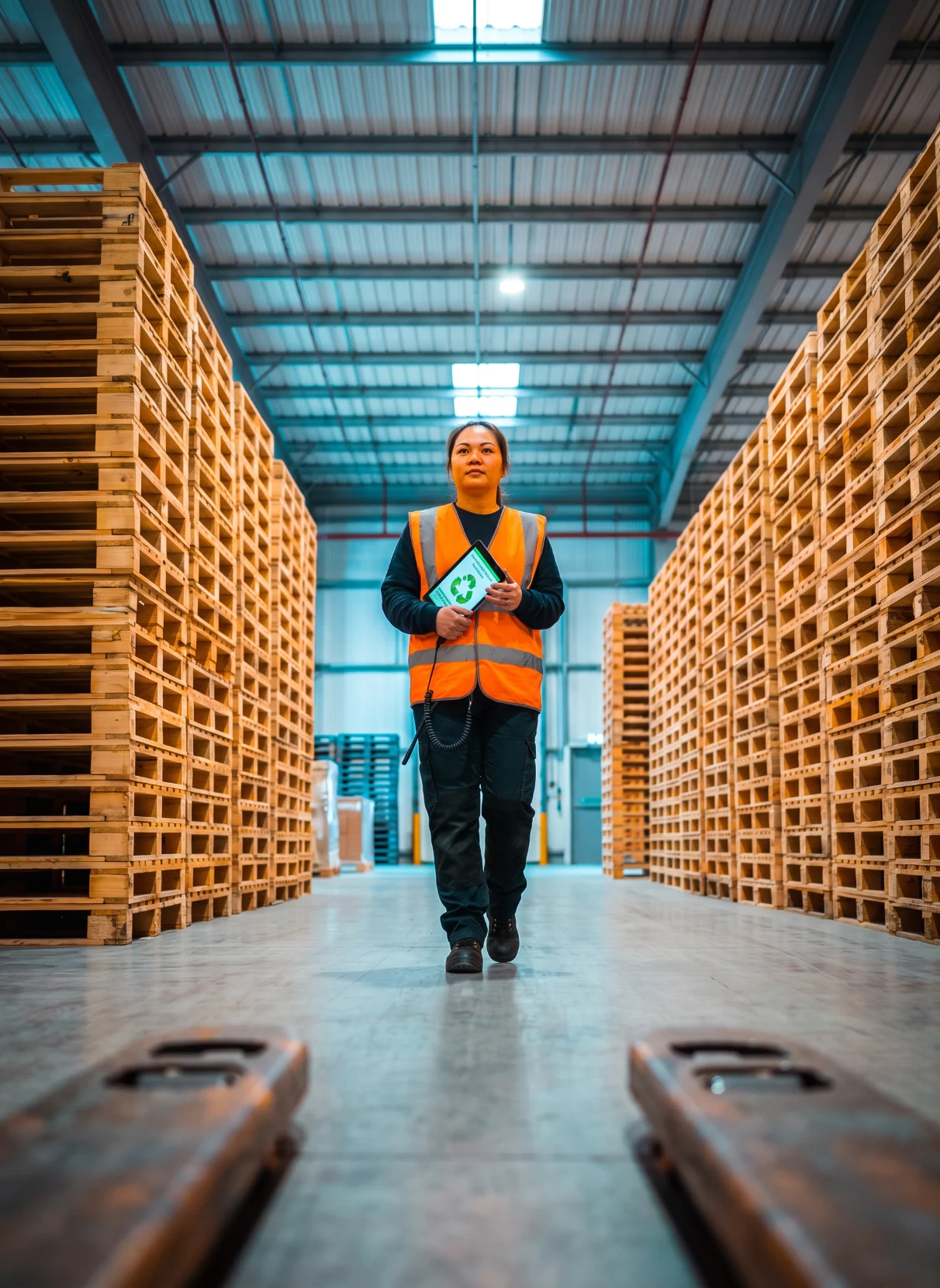 Worker walking between stacks of finished pallets