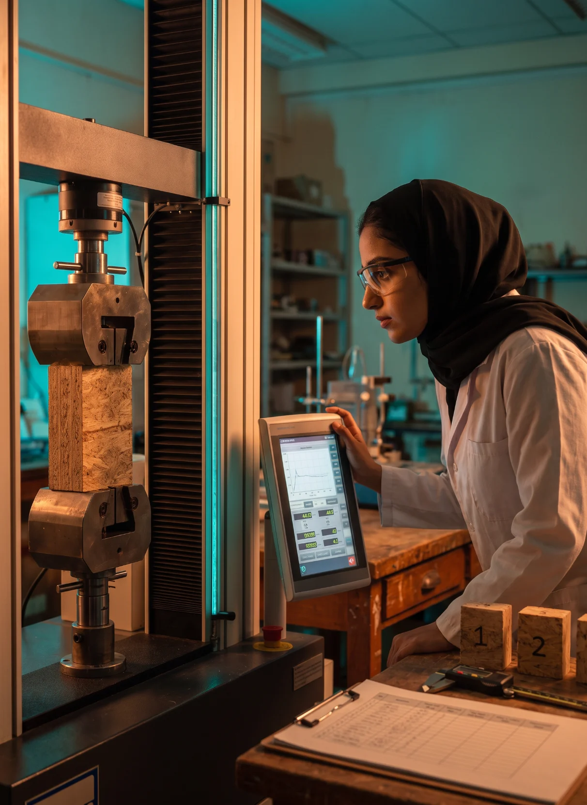 Technician testing a pressed block in the UWW laboratory