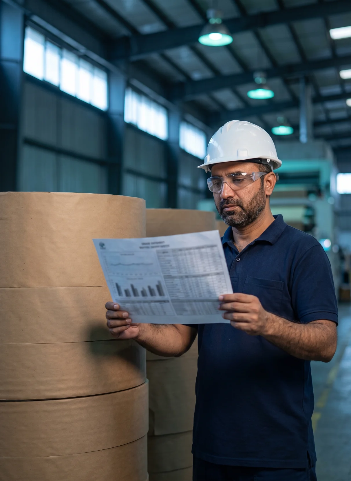 Supervisor reviewing a grade datasheet in the paper warehouse