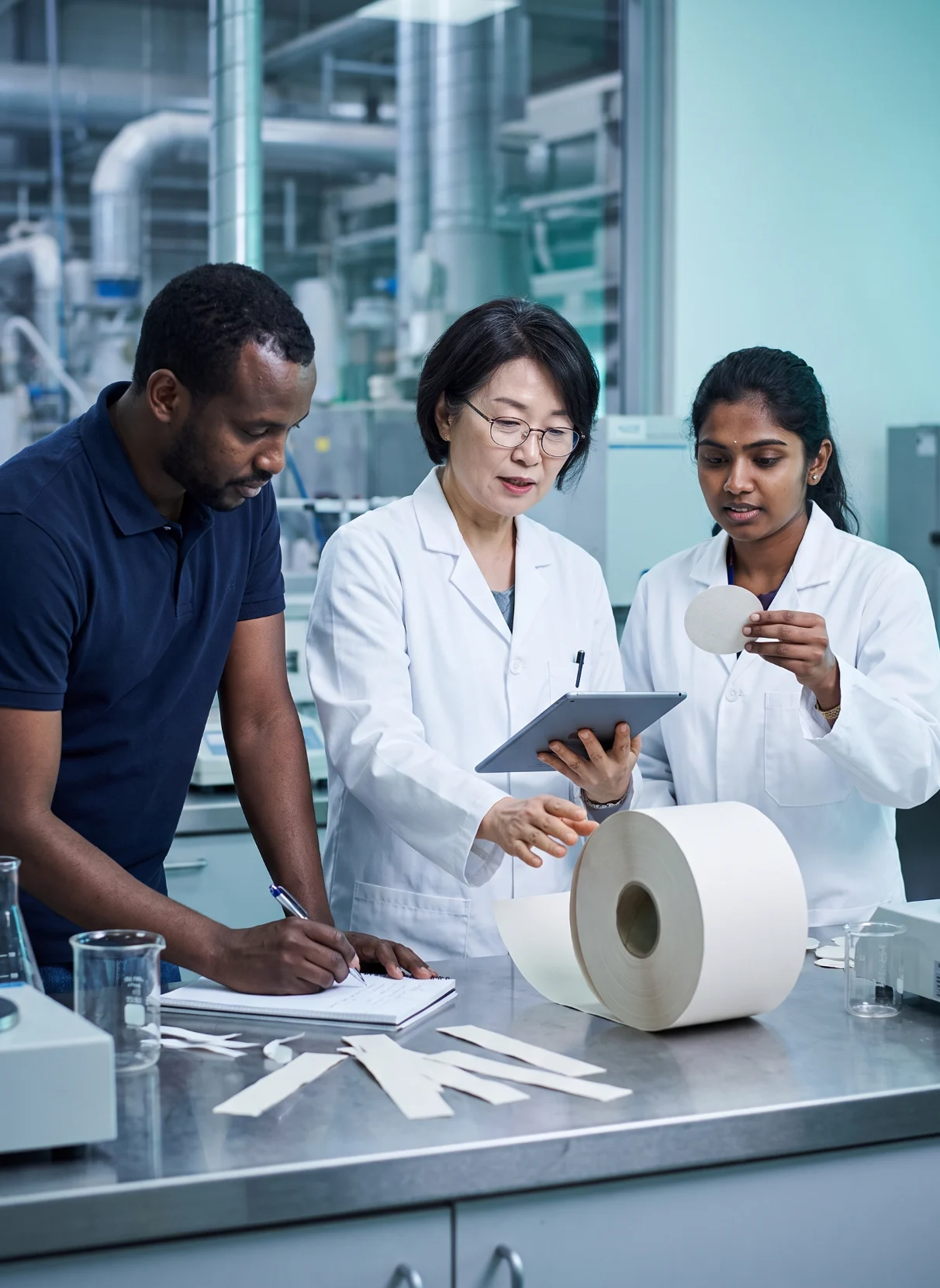 Quality assurance team checking a paper roll