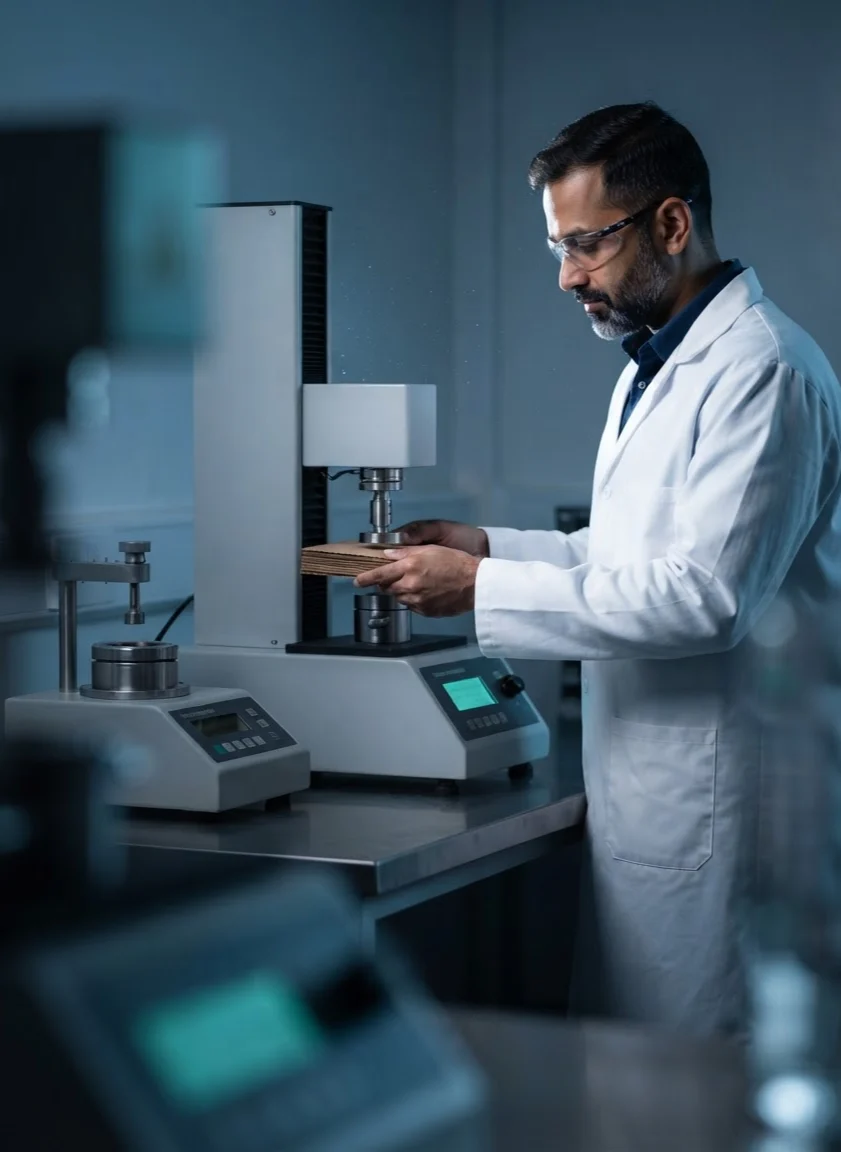 Technician testing paper samples in the mill laboratory