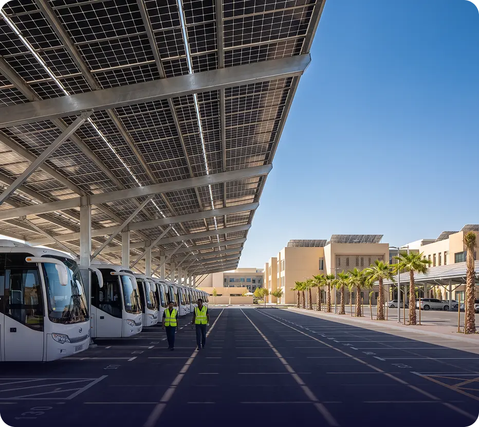 Office buildings with rooftop solar at dusk