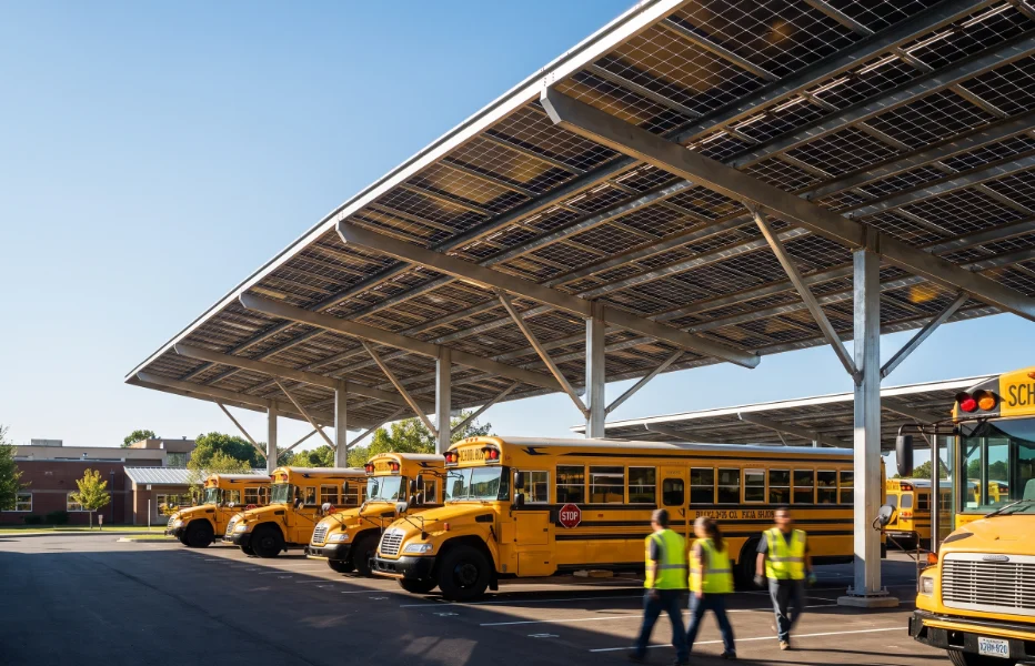 School buses parked under a solar carport