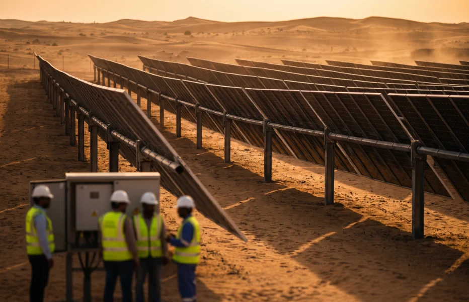 Engineers beside a ground-mounted solar array in the desert