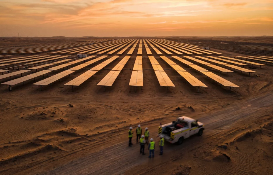 Rows of solar panels on a desert solar farm