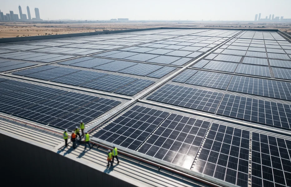 Engineers walking across a rooftop solar array