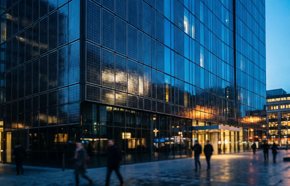 Glass office tower with solar panels built into its facade