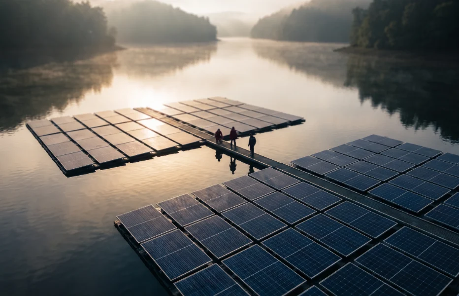 Floating solar panels on a lake at dusk