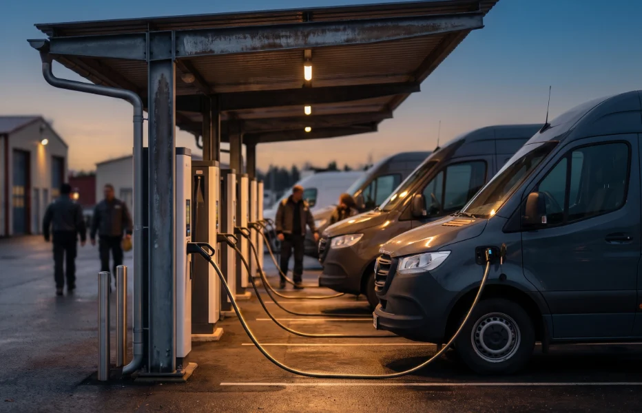 Electric vans charging under a solar canopy