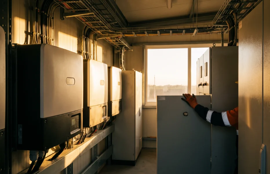Battery energy storage cabinets inside a plant room