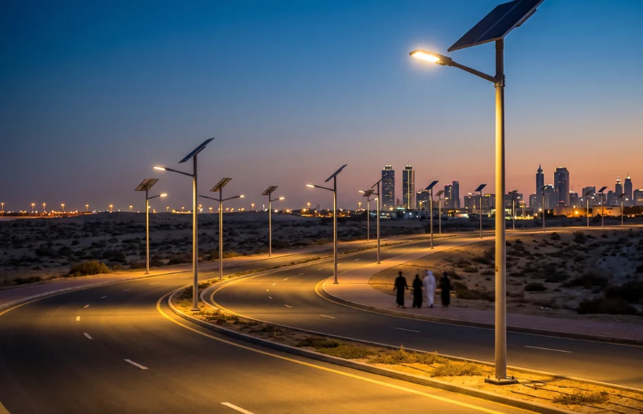 Solar-powered street lights at dusk