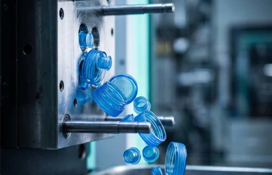 Blue caps falling from an injection mould