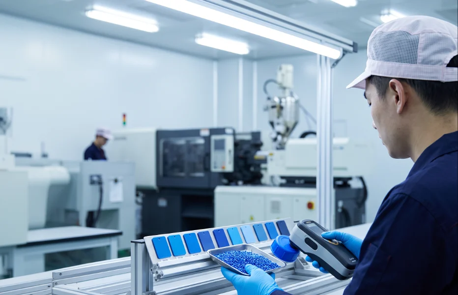 Technician checking blue colour samples beside moulding machines