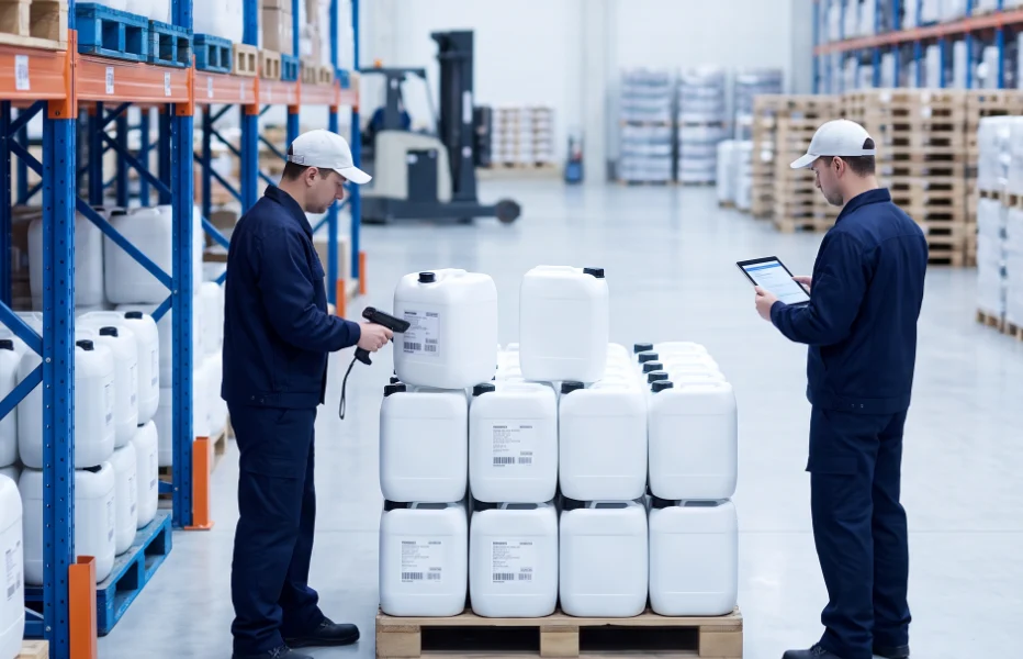 Staff checking stacked white jerry cans on a pallet in the warehouse