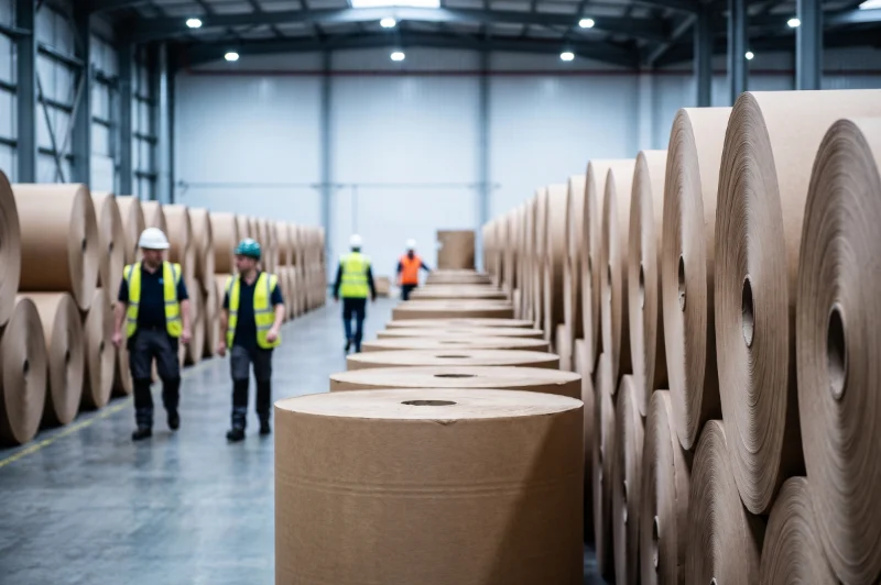 Workers walking between rolls of recycled containerboard in a paper mill warehouse