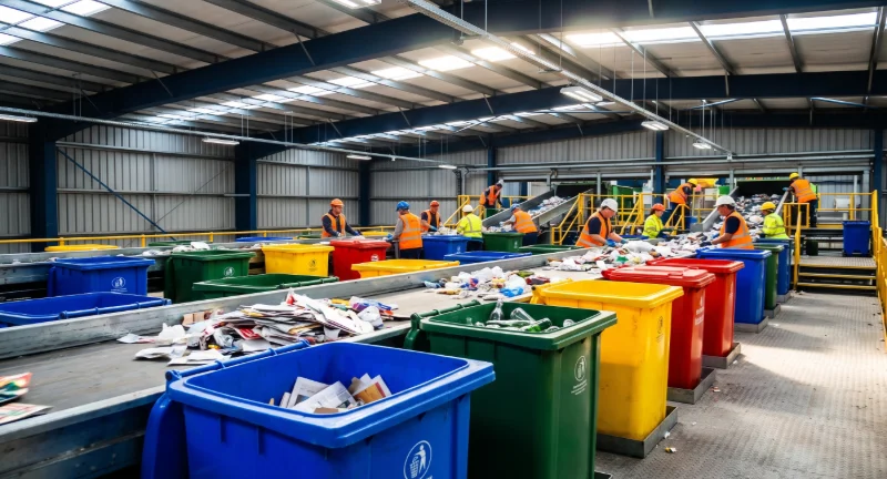Recyclables being sorted at a waste recovery facility